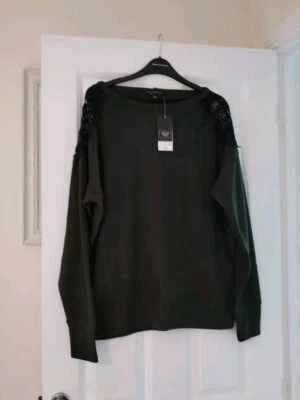 Dorothy Perkins lovely soft feel green jumper with black crochet shoulder detail - Image 1 of 3
