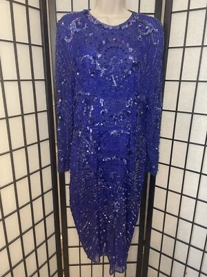 Vestido Vestido Vintage Azul 100% Seda Lentejuelas Transparente Cóctel Año Nuevo de Swee Lo Foto 1 de 4