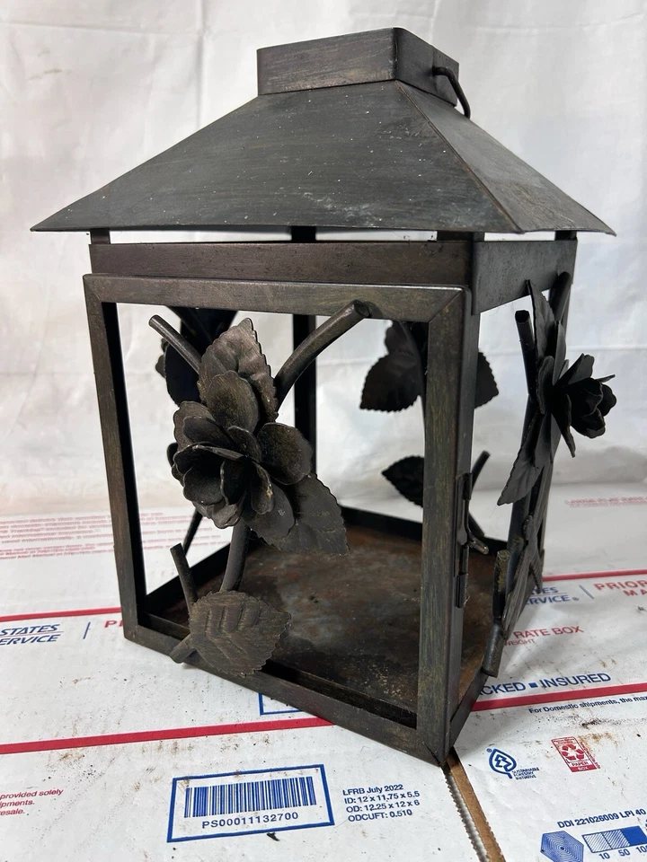 Large Metal 3D Rose Flower Candle Lantern Weathered Rustic Lantern 12x8x7 - Image 1 of 4