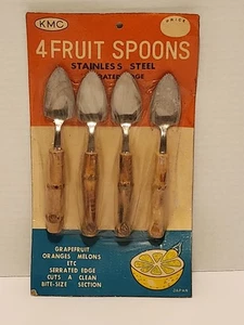 Vintage 1960er Bambus Griff Neu aus altem Lagerbestand Obstlöffel Set 4 Edelstahl Wellenschliff Japan 6 Zoll - Bild 1 von 6