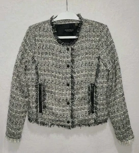 Bagatelle Gray Tweed Blazer Jacket Womens M Fringe Zip Pockets Career Chic READ - Picture 1 of 15