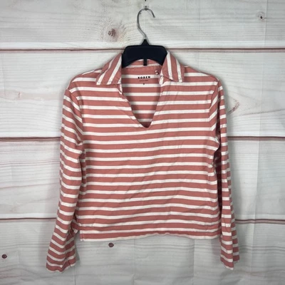 Camisa polo feminina Boden top listrada rosa manga longa gola V malha de algodão - Imagem 1 de 4