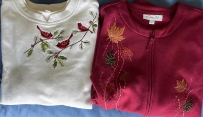 Винтажный женский XL Cardinal Leaves Украшенный Бабушкин Свитшот Бежевый Кардиган - Изображение 1 из 4