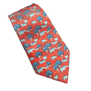 Hermes Paris Red Silk Patterned Tie OS Blue & White Cow Tree Print Designer - Picture 1 of 10