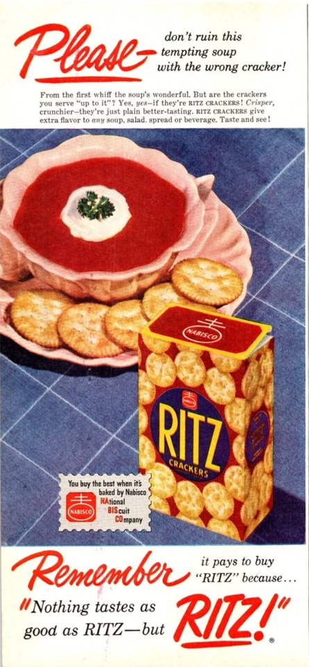 PRINT AD 1951 Nabisco Ritz Don’t Ruin Tempting Soup w Wrong Cracker 5x11 - Image 1 of 1