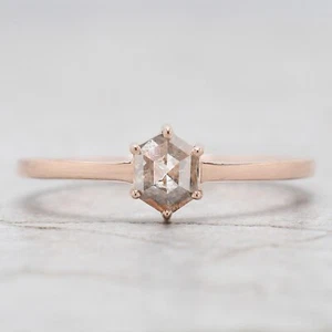 0.54 Ct Hexagon Salt And Pepper Diamond Ring 14K Rose Gold Engagement Gift Ring - Picture 1 of 9