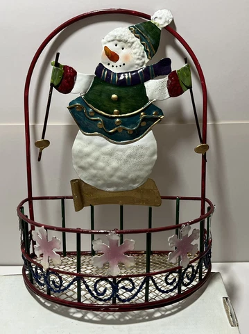 METAL ART: Christmas Skiing Snowman HANGING BASKET - 9"x7" (UGC) Clean Cute Fun Cover