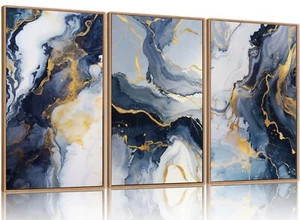 Blue and Gold Framed Canvas Wall Art Set, Mid-Century Modern Abstract Wall De... - Picture 1 of 7