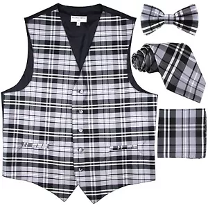 New Men's Tuxedo Vest Waistcoat_Necktie, Bowtie & Hankie Set Plaid Gray formal - Picture 1 of 5