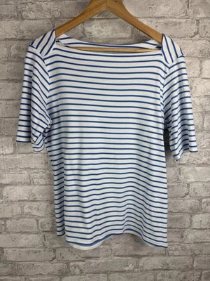 Camiseta LL Bean 100% algodão Supima malha branca azul listrada decote quadrado tamanho G - Imagem 1 de 4