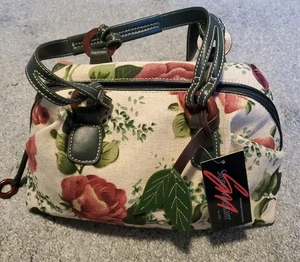 NWT Stone Mountain USA Floral Black Trim Strap Leather Wood Purse - Picture 1 of 15