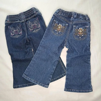 Conjunto de 2 Jeans Bordados Gloria Desteñidos Cintura Ajustable Niñas Infantiles talla 24m Foto 1 de 4