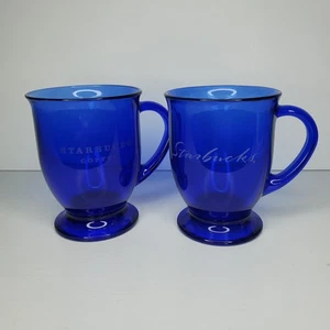 Starbucks Coffee Set of 2 Cobalt Blue Etched Glass Mugs 16 oz Anchor Hocking - Picture 1 of 11