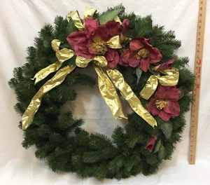 Wreath 27" Faux Pine Boughs Goldtone Ribbon Maroon Large Petal Flowers Holidays - Picture 1 of 3