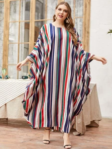 Muslim Women Loose Striped Dress Casual Kaftan Abaya Turkey Gown Islamic Clothes - Picture 1 of 15