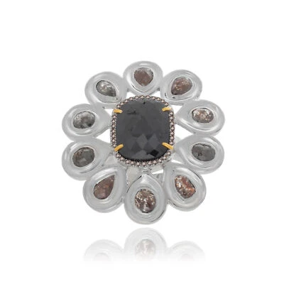 Anillo pesado de oro de 18 quilates y flor de ley con múltiples diamantes ásperos y marrones de 19,56 quilates Foto 1 de 4