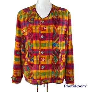 Xriss Xross Jacket 90s Retro Vtg Size M Silk Ikat Button Up Red Orange Green - Picture 1 of 7