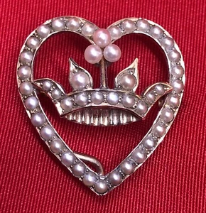 14K Gold Seed Pearl Heart & Crown Watch / Pendant Brooch - Picture 1 of 7