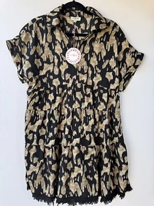 Umgee Animal Print Collared Split Neck Tiered Dress with Frayed Hem Pull On Sz S - Picture 1 of 9