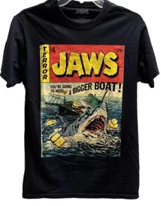 Jaws Retro T Shirt Small Comic Book Cover Bigger Boat Shark Terror Black - Picture 1 of 7