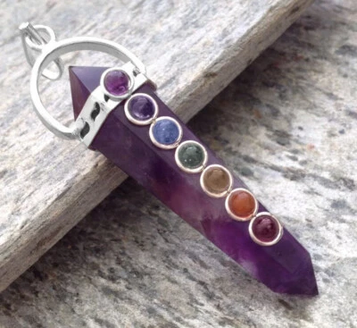 Double Terminated Purple Amethyst 7 Chakra Crystal Pendant .925 Silver Necklace - Image 1 of 4