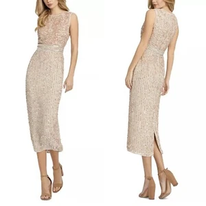 NEU MAC DUGGAL beige PAILLETTENVERZIERUNG ÄRMELLOS Etui Midi Cocktail KLEID 4 - Bild 1 von 20