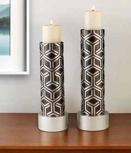Set Of Two Espresso and Silver Pillar Tabletop Pillar Candle Holders - Picture 1 of 5
