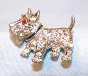 Vintage Scotty Dog Pin Silver Rhinestones Silvertone Metal 1950s Small Size - Picture 1 of 4
