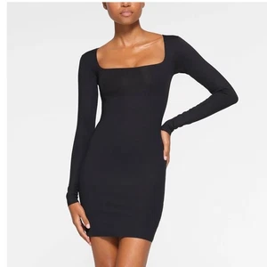 SKIMS Body Long Sleeve Dress Onyx Black Sculpting Stretch Bodycon Mini Dress - Picture 1 of 9