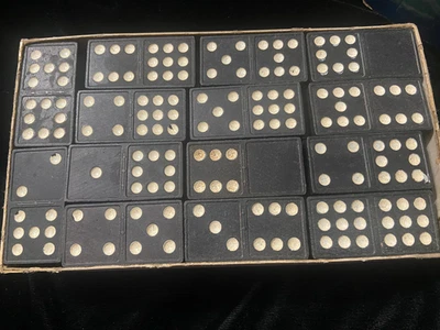 Domino Set in Original Box Classic Design Black with White Dots Double 9 56 piec - Image 1 of 4