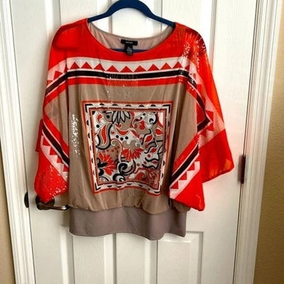Blusa Top Para Mujer Alfani Naranja Estampado Taupe Lentejuelas Grande Manga Dolman Foto 1 de 4