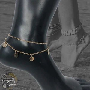 Hanging Discs Charms Gold Tone Double Strand Chain Link Adjustable Boho Anklet - Picture 1 of 4
