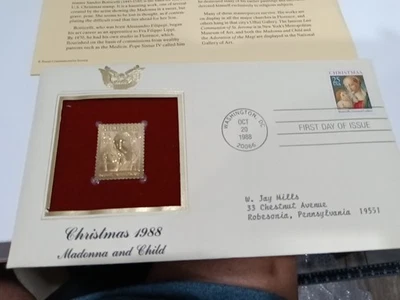 Christmas 1988 - Madonna & Child 22k Gold & First Day of Issue US Postage Stamps - Image 1 of 3