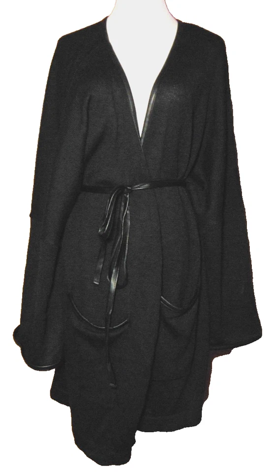 SOFT FOCUS WOMENS BLACK ACRYLIC SWEATER FAUX LEATHER TRIM & BELT CARDIGAN~4X - Image 1 of 4