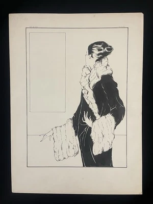 1922 Original Art Deco Fashion Illustration Woman in Fur Coat Ink Drawing SIGNED - Image 1 of 4