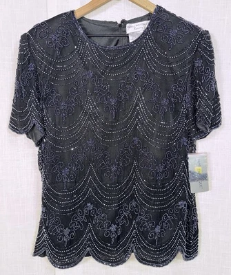 Camisa negra vintage nueva con etiquetas para mujer L PAPELL BOUTIQUE NOCHE con cuentas de seda Foto 1 de 4