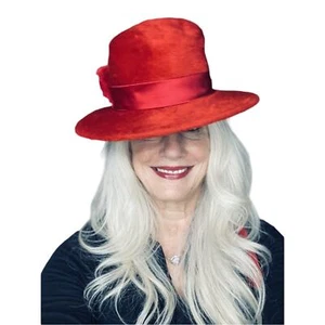 Vintage Adolfo Realities Red Fur Felt Brimmed Hat Church 1960s Chinstrap 22' - Picture 1 of 9