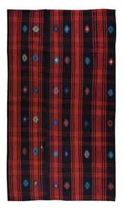 4.6x8 Ft Vintage Hand-Woven Kilim, Anatolian Rug in Red, Navy Blue & Black - Picture 1 of 5