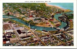 Postal de colección Sheboygan Wisconsin vista aérea del río y lago de la ciudad 27156 - Imagen 1 de 2