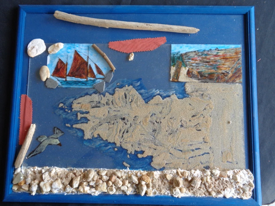 grand tableau la bretagne sable bois flotté galets et peinture vitrail - Photo 1/1