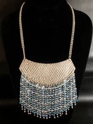 时尚围兜声明项链银锤绿松石水钻条纹 #6095 — 第 1/4 张图片