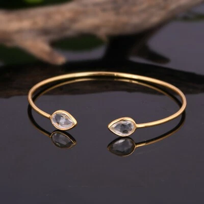 18k Gold Plated Clear Crystal Quartz Bangle 925 Silver Adjustable Bracelet - Image 1 of 4