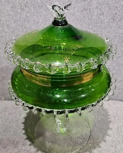 Avocado Green Glass MCM Empoli Compote Lidded Clear Candy Jewelery Dish 11" - Picture 1 of 16