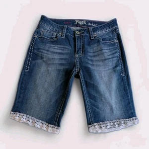 Vintage Upcycled Shorts Womens 29 Low Rise Blue Cuttoff Denim & Lace Rock n Roll - Picture 1 of 11