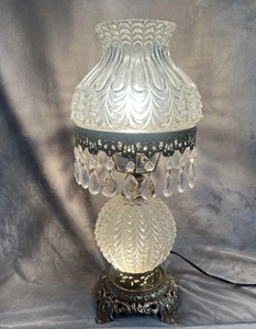 Vintage 19.75” 3-way Crystal Charm & Brass Detailing Glass Globe Hurricane Lamp - Picture 1 of 12