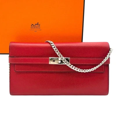 Cartera Kelly de cuero Clemence roja HERMES con inserción/cadena añadida Foto 1 de 4
