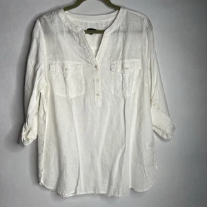Talbots Womens 100% Linen Roll Tab Tunic Top V Neck Popover Shirt Sz L White - Picture 1 of 7