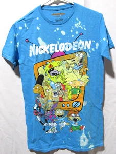 Nickelodeon Retro Cartoon Characters Logo Design Blue Bleached Shirt Small NWT - Picture 1 of 8
