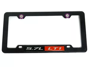 5.7L LT1 CARBON FIBER LOOK LICENSE PLATE FRAME W/ 2 PURPLE WASHERS & BOLTS - Picture 1 of 5