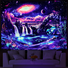 Blacklight Galaxy Tapestry Trippy Planet Tapestry UV Reactive Waterfall Landscap